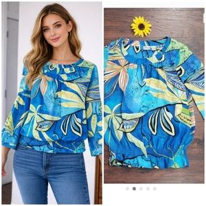 Chico's Vibrant Blue and Yellow Leaf Print Blouse